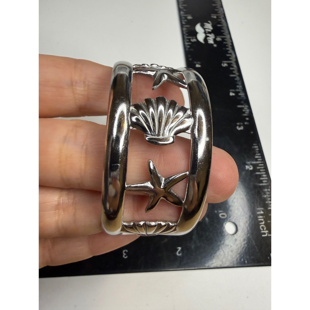 Silver Tone Starfish and Shell Coastal Beach Cuff Bracelet